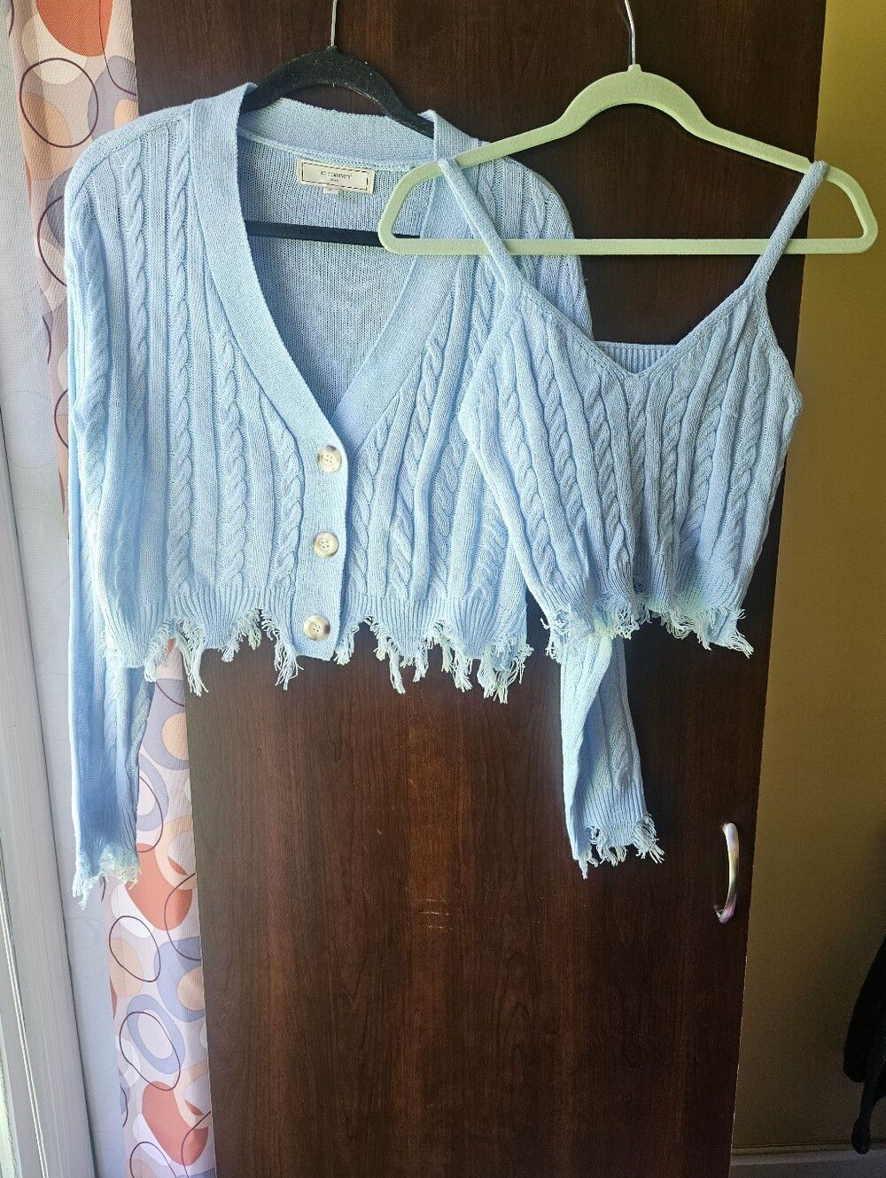 No Comment Light Blue Cable Knit Frayed Cropped Cardigan + Tank Set Size Medium